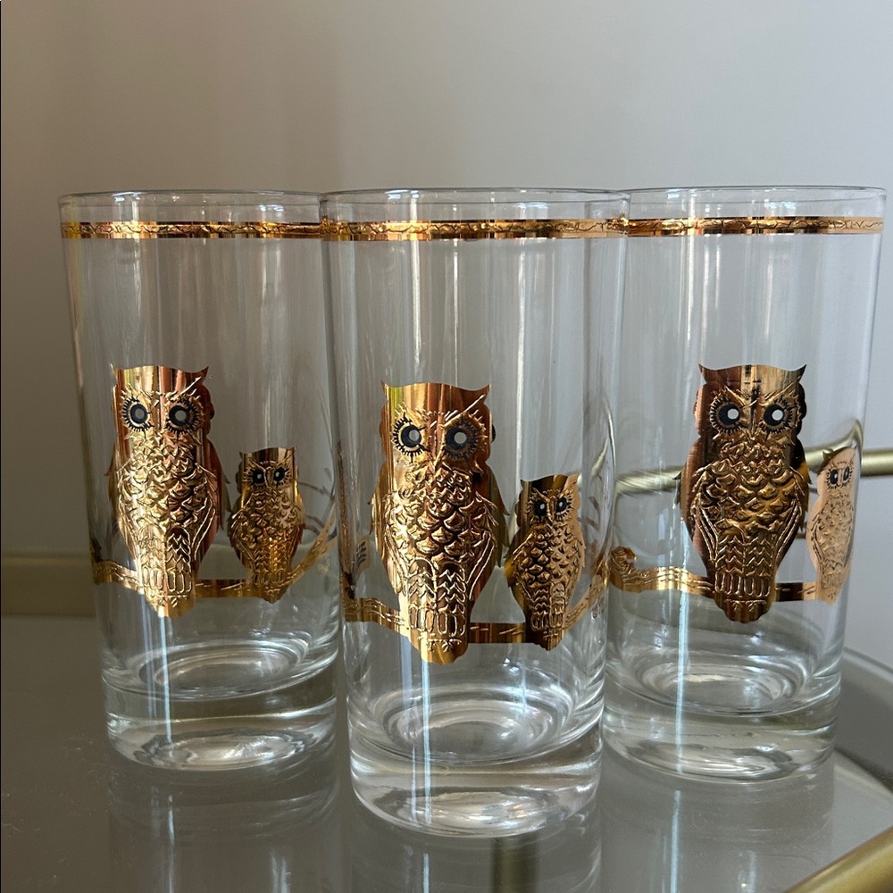 Culver Ltd. 22kt Gold Owls Highball Cocktail Glasses Vintage 1950-60s Set of 3